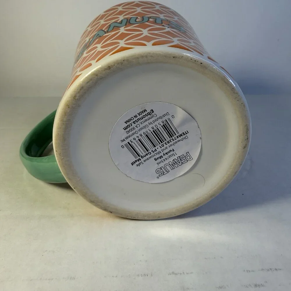 Peanuts Linus Ceramic Coffee Tea Mug 15 Oz. Orange Teal‎ Funky Fun